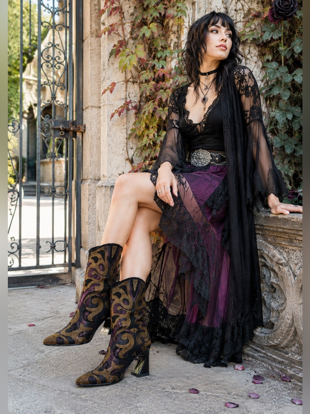Azura Rhinestone Western Boots Black Gold Burgundy Mid Calf Rhinestone Boots